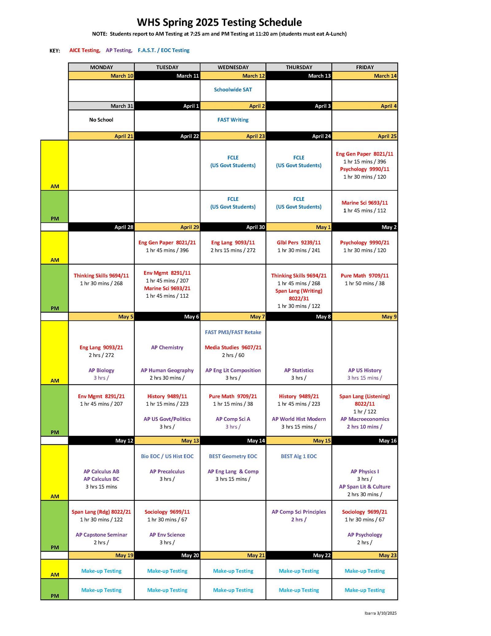  2025 Spring test calendar banner